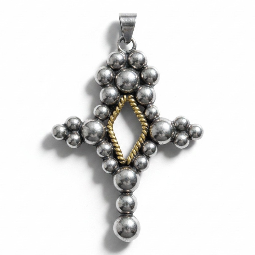 Mexico Pendant 925 Sterling Silver Large Silver Gold Tone Beaded Cross
